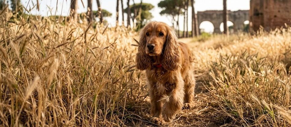 Un cane dal pelo dorato cammina in un parco di Roma circondato da erba alta e spighe secche, con pini e antiche rovine sullo sfondo.