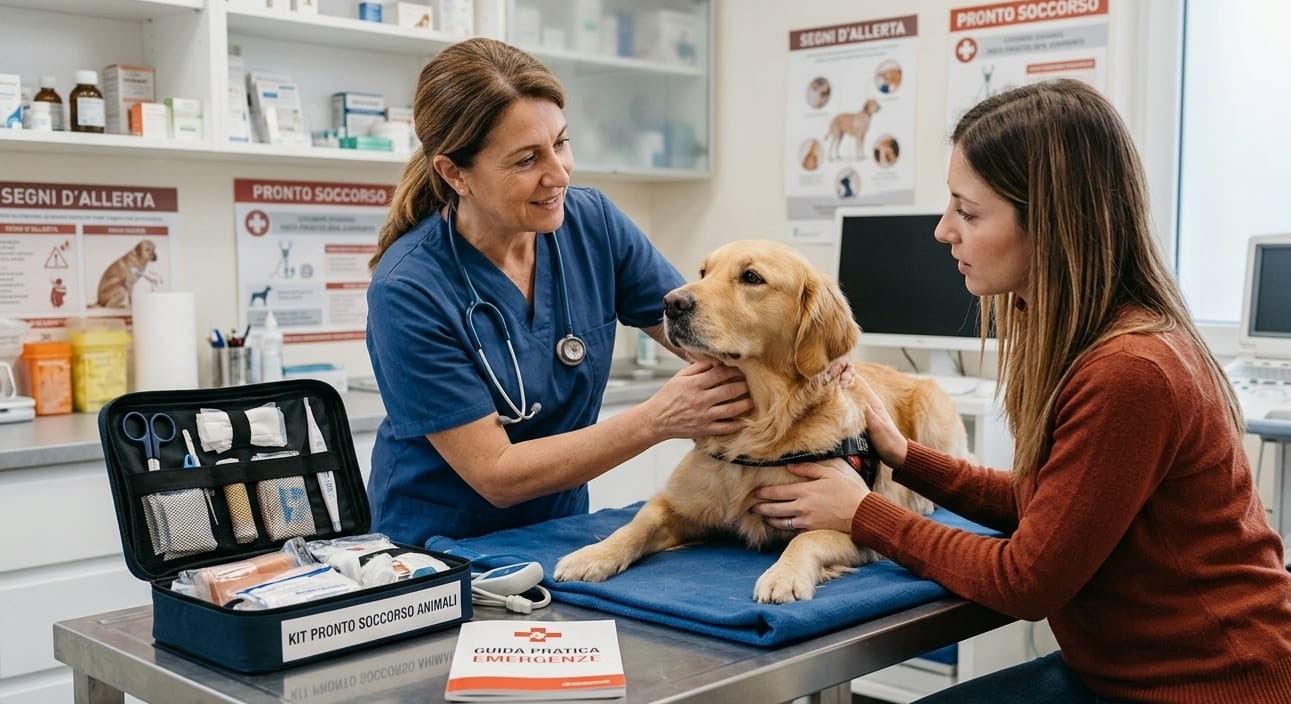 Veterinario che visita un cane Golden Retriever in un ambulatorio per emergenze veterinarie a Roma, con kit di pronto soccorso per animali e guida pratica in primo piano.