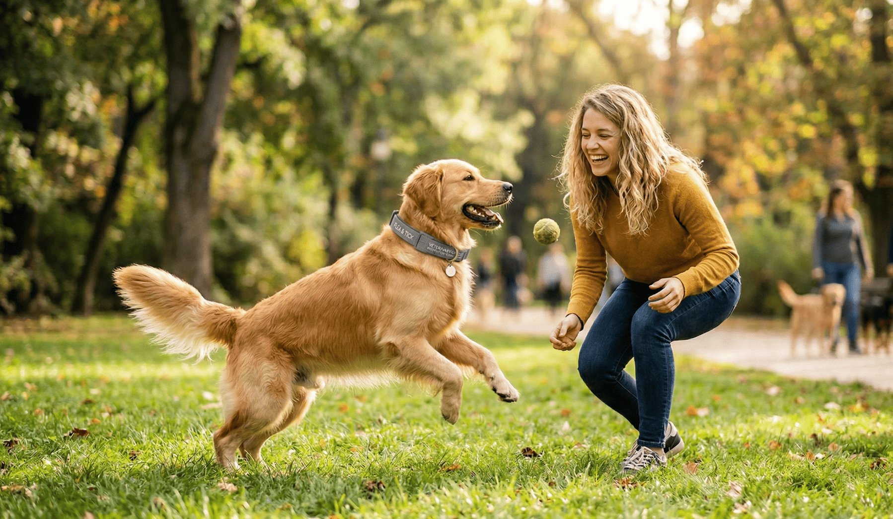 Una donna con capelli biondi e ricci sorride mentre gioca a palla con un Golden Retriever che salta in un parco soleggiato. Il cane indossa un collare personalizzato e un localizzatore GPS.